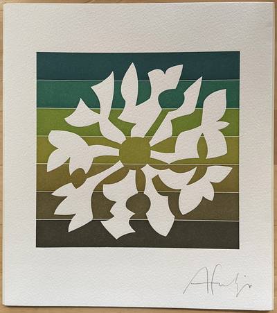 Print of angular floral shapes around an empty center; the shapes are paper-colored while behind them is a square of seven horizontal bands of color, all greenish or brownish. Signature at bottom right: ‘Afrutiger’